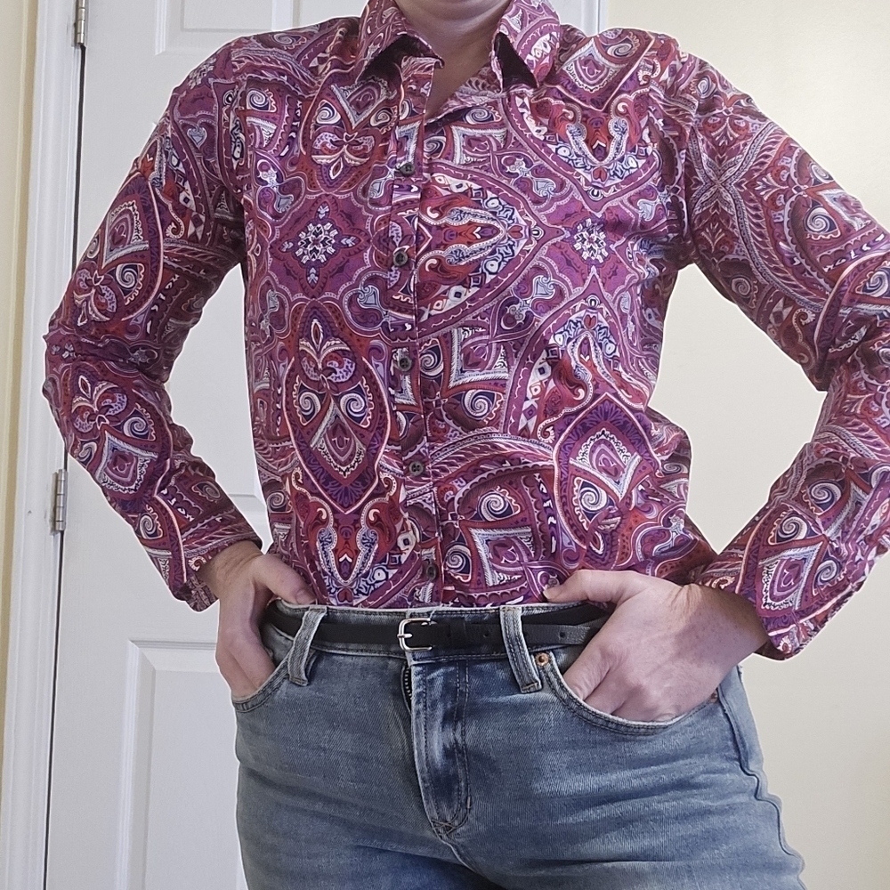 Lands' End Women's Pink Red Paisley Button Up Shirt Blouse 6